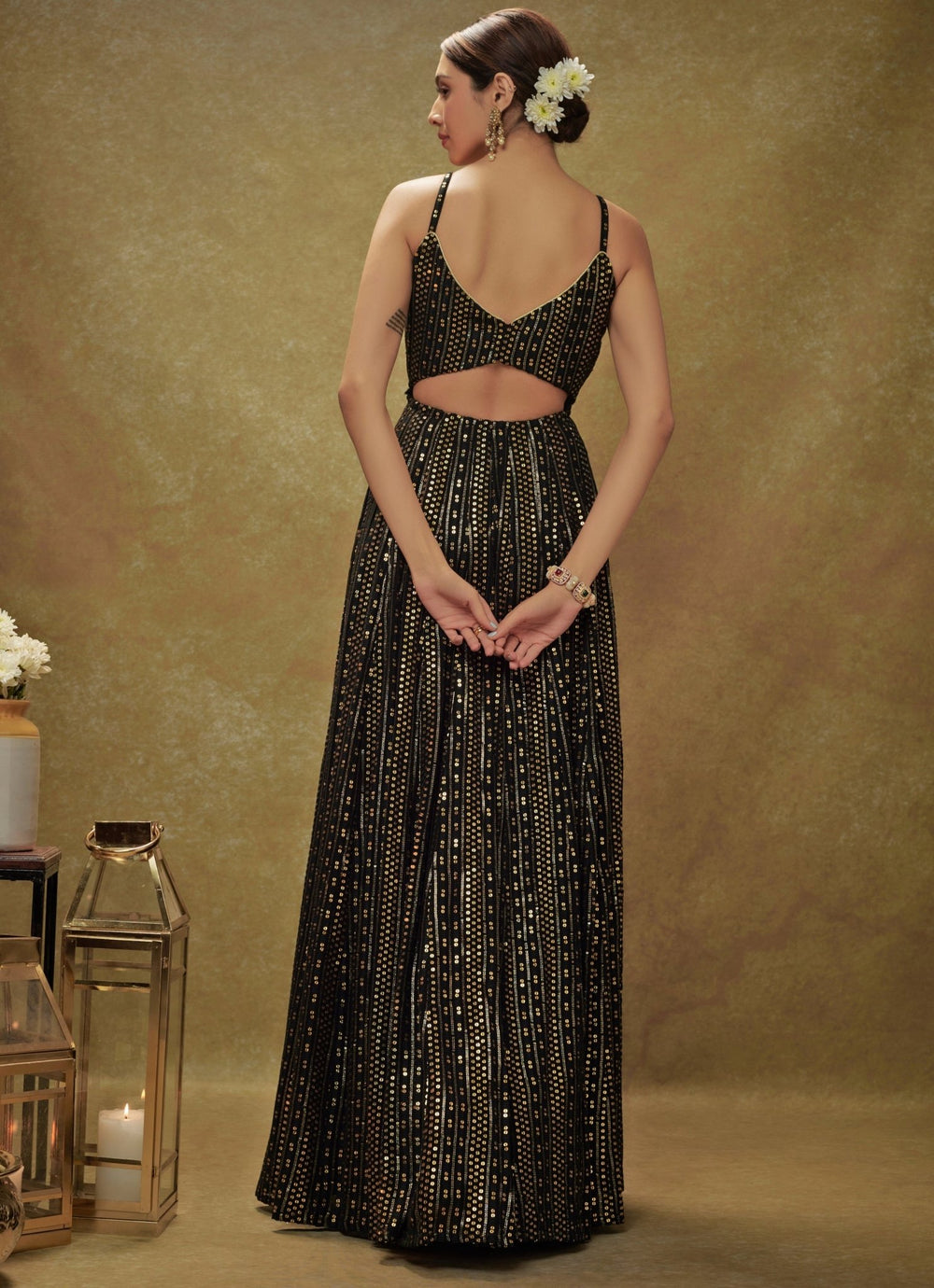 Black and Gold Sequin Embroidered Anarkali Gown Renee Label - Fabilicious Fashion