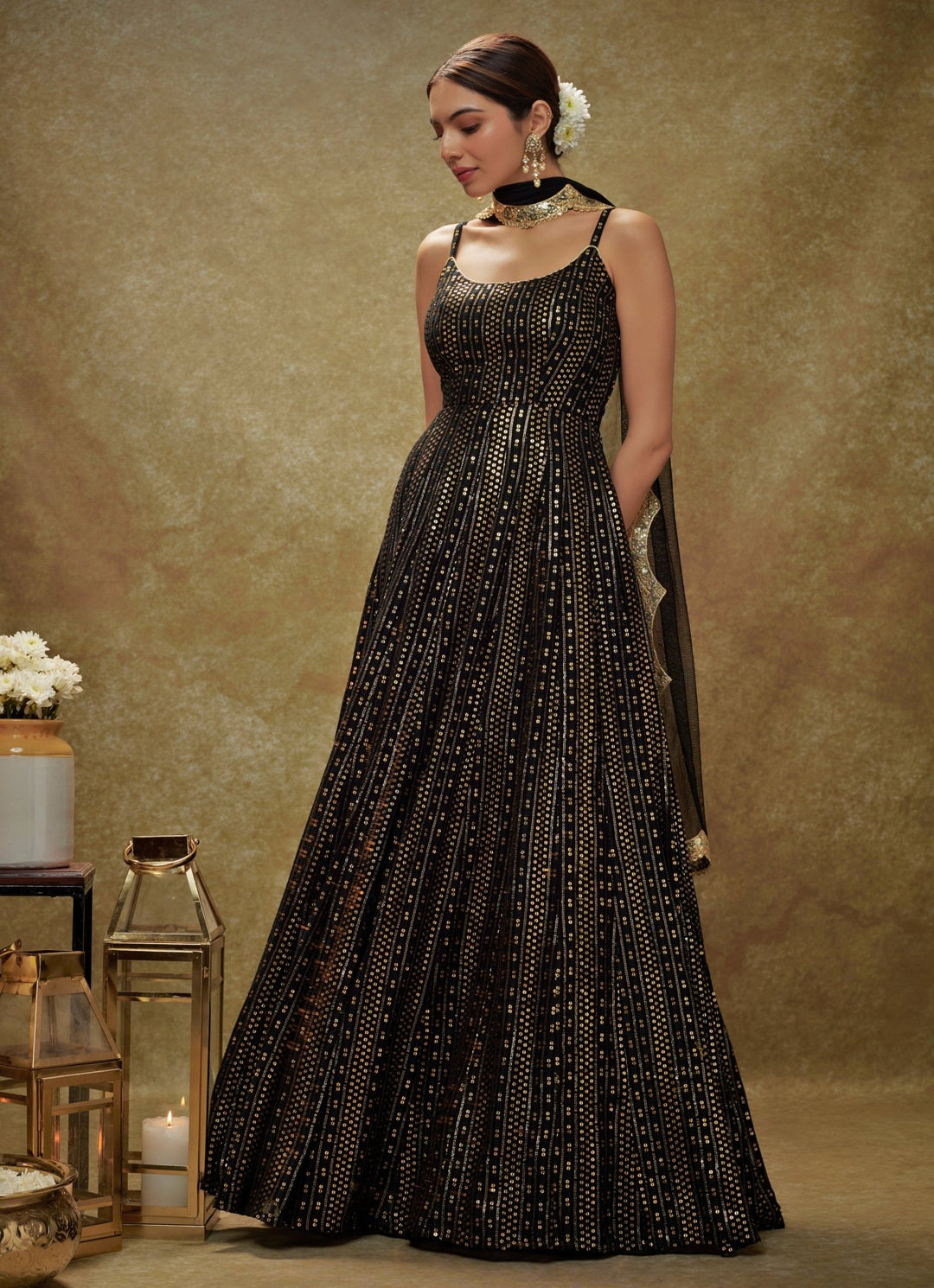 Black and Gold Sequin Embroidered Anarkali Gown Renee Label - Fabilicious Fashion
