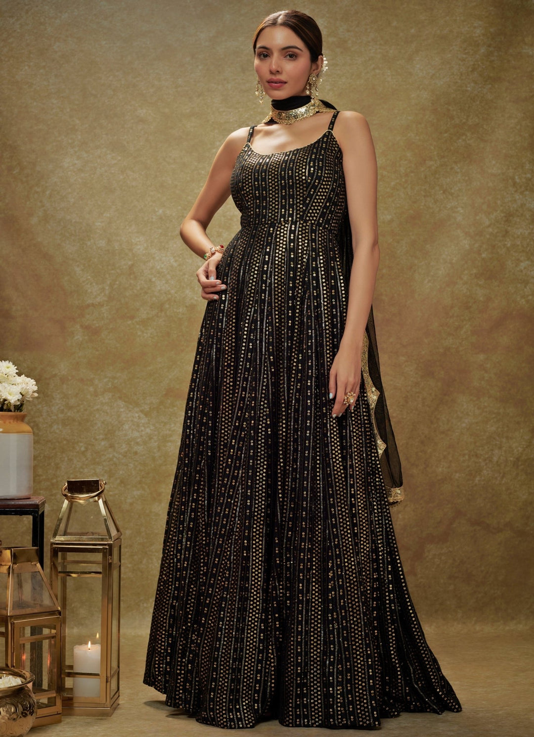 Black and Gold Sequin Embroidered Anarkali Gown Renee Label - Fabilicious Fashion
