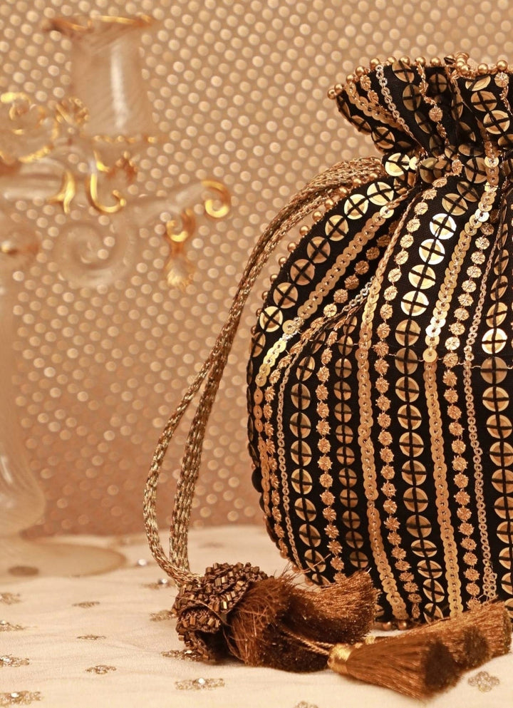 Black And Gold Soft Net Potli Amyra - Fabilicious Fashion