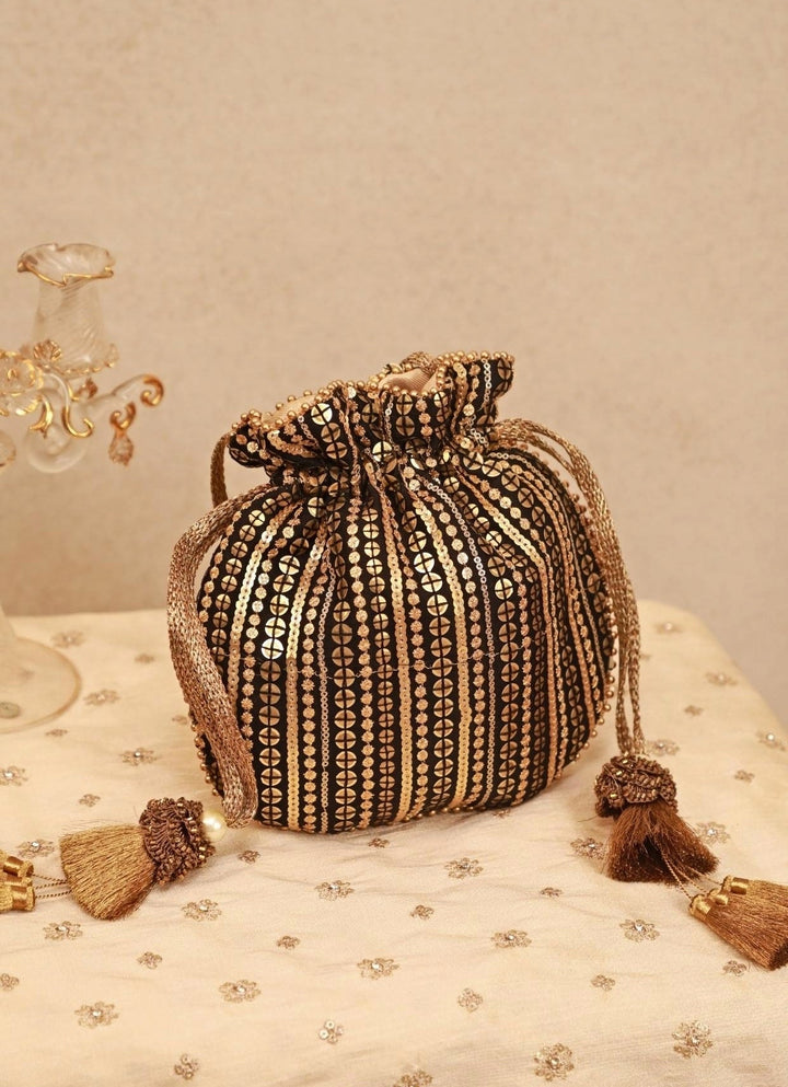 Black And Gold Soft Net Potli Amyra - Fabilicious Fashion