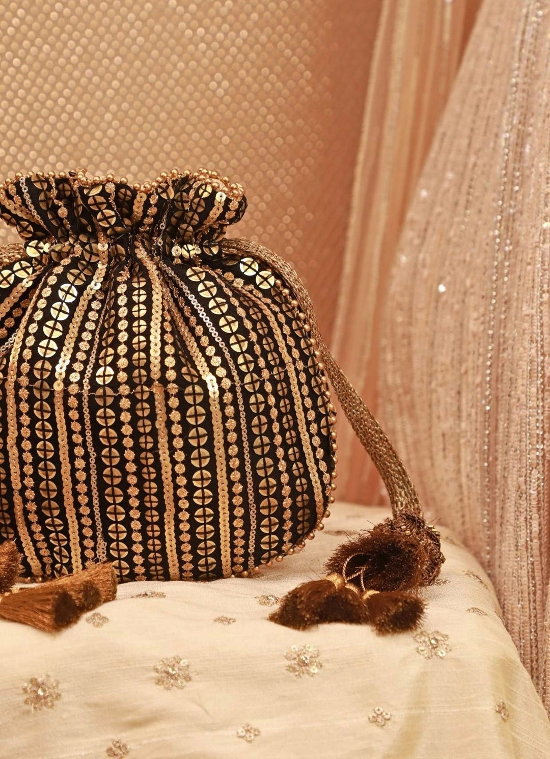 Black And Gold Soft Net Potli Amyra - Fabilicious Fashion