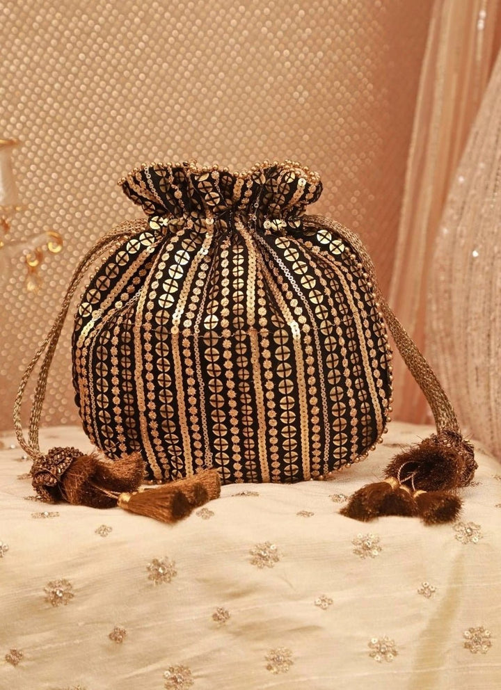 Black And Gold Soft Net Potli Amyra - Fabilicious Fashion