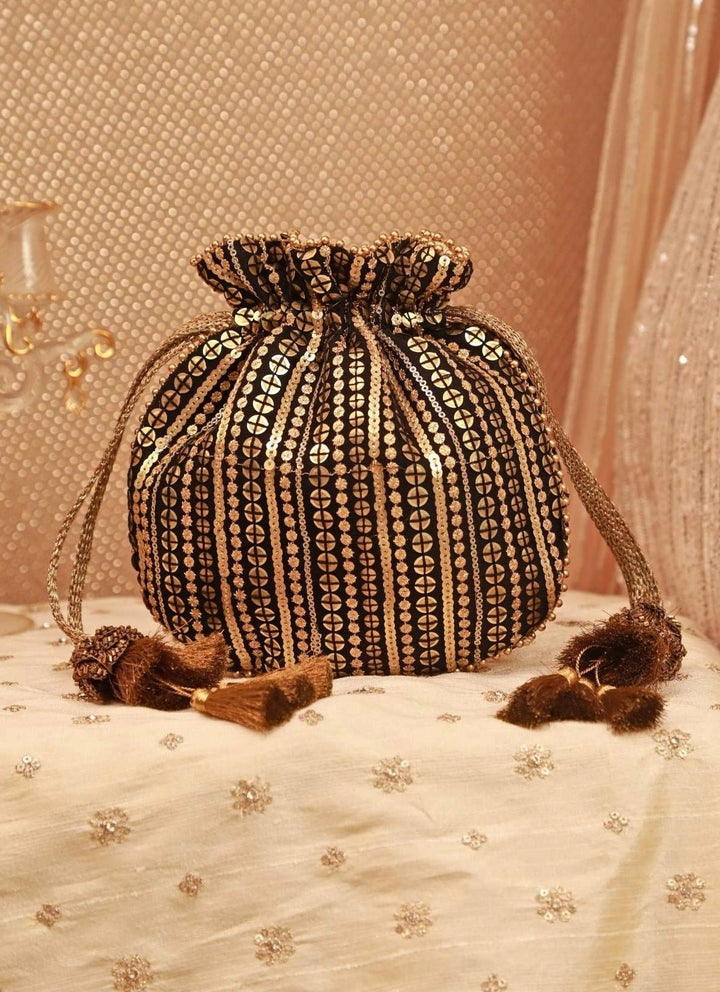 Black And Gold Soft Net Potli Amyra - Fabilicious Fashion