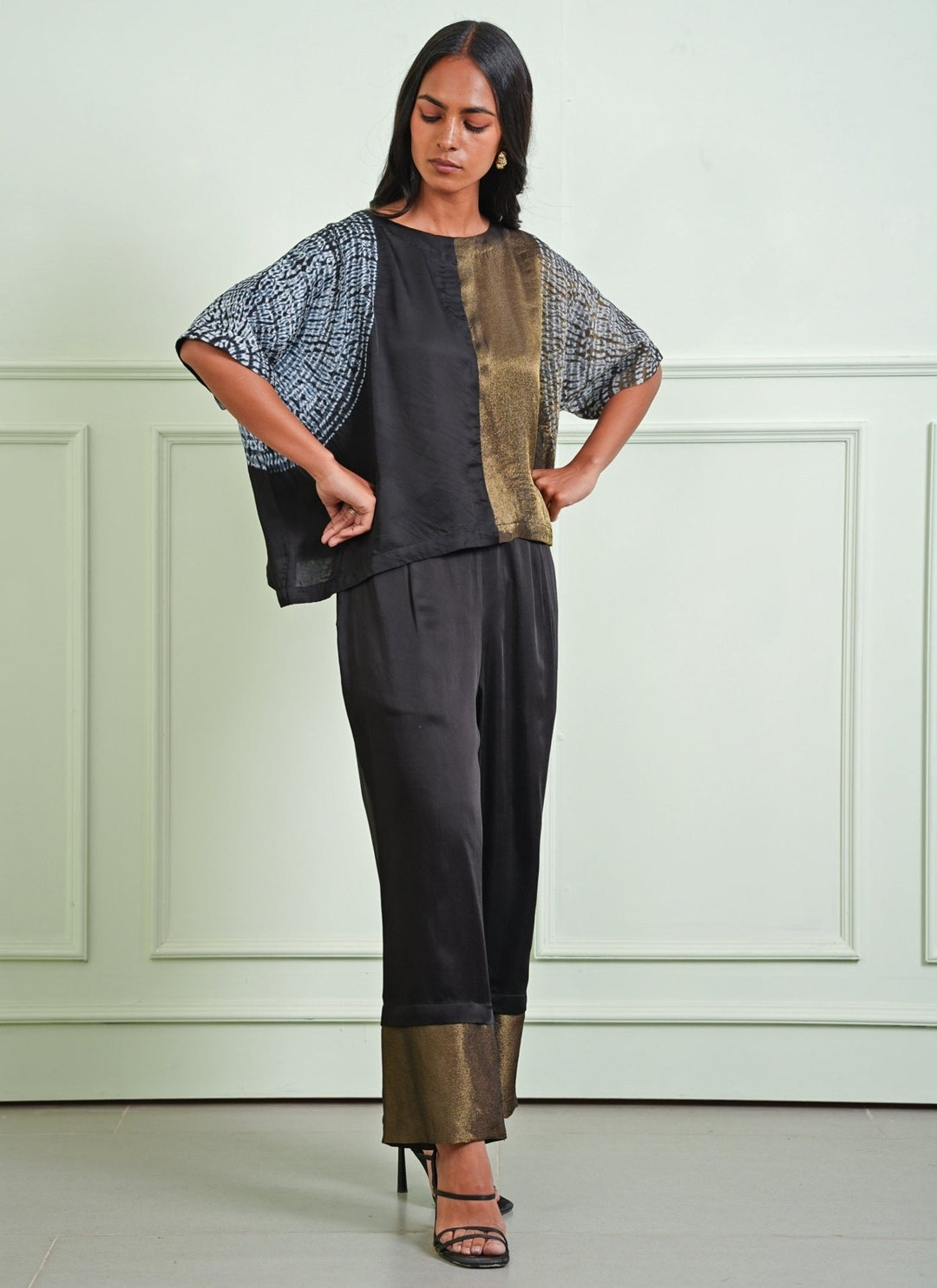 Twenty Nine Black And Gold Tissue Crop Top With Palazzo PantsFabilicious Fashion