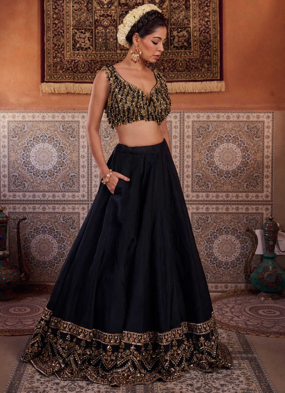 Black And Green Silk Lehenga Set KAPDA DORI - Fabilicious Fashion