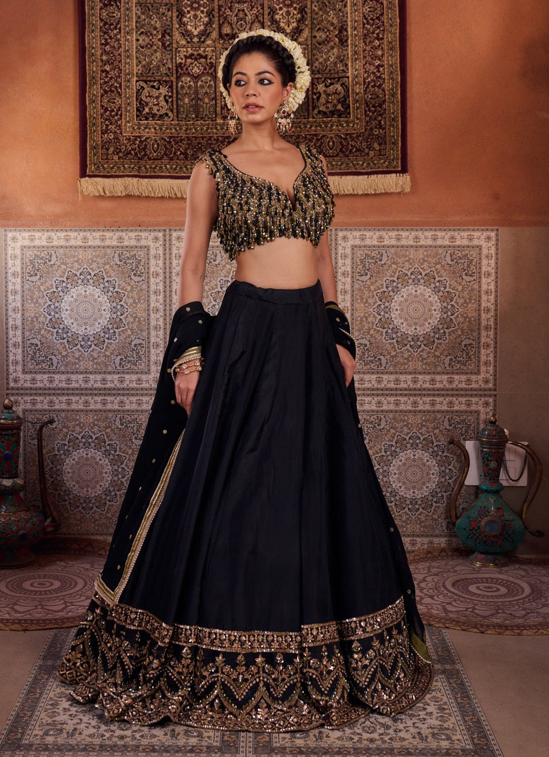 Black And Green Silk Lehenga Set KAPDA DORI - Fabilicious Fashion