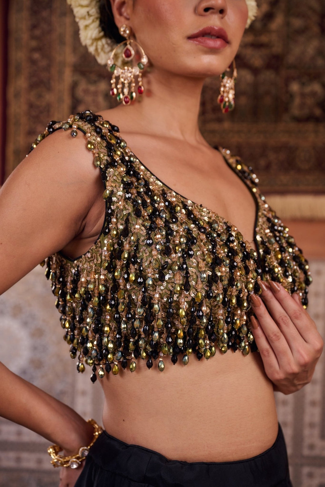 Black And Green Silk Lehenga Set KAPDA DORI - Fabilicious Fashion