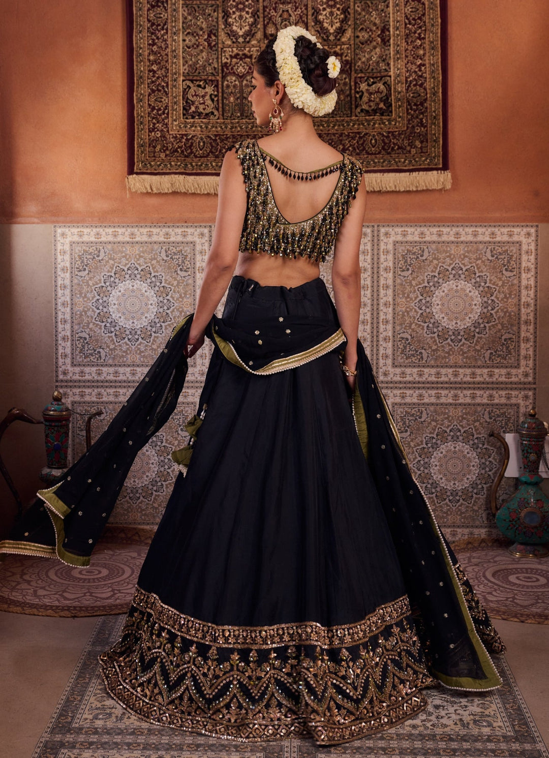 Black And Green Silk Lehenga Set KAPDA DORI - Fabilicious Fashion