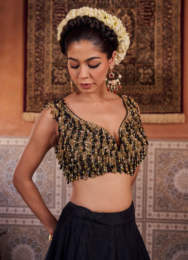 Black And Green Silk Lehenga Set KAPDA DORI - Fabilicious Fashion