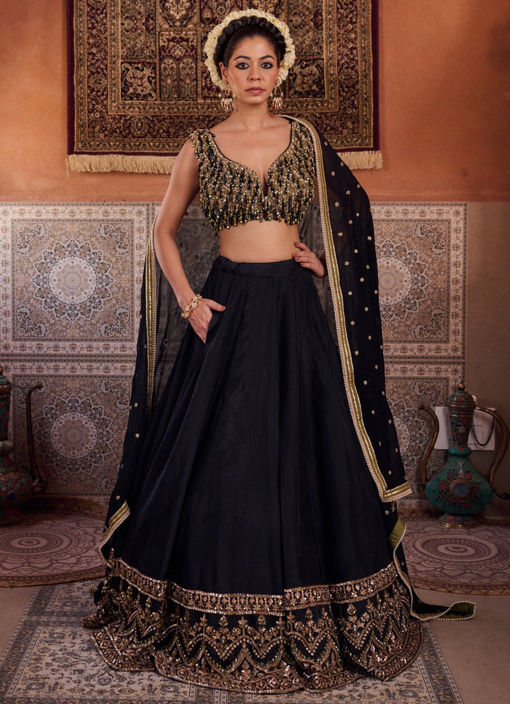 Black And Green Silk Lehenga Set KAPDA DORI - Fabilicious Fashion