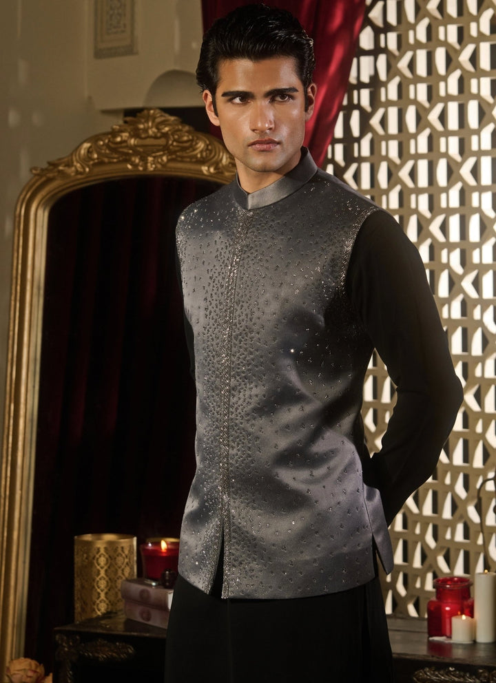 Contrast by Parth Black and Grey Jacquard Nehru Jacket SetFabilicious Fashion