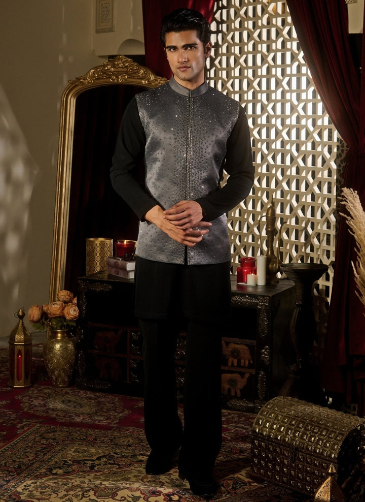 Contrast by Parth Black and Grey Jacquard Nehru Jacket SetFabilicious Fashion