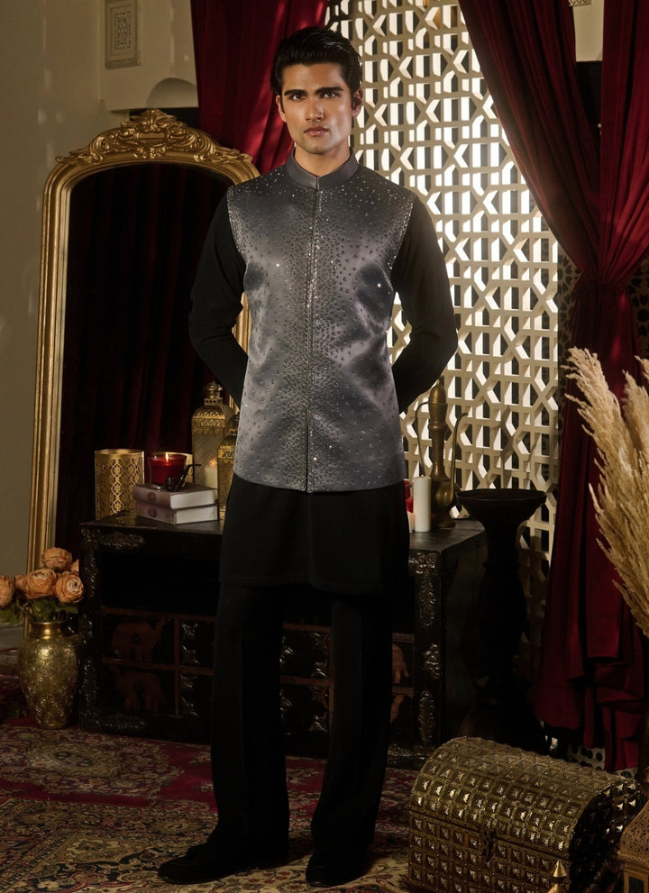 Contrast by Parth Black and Grey Jacquard Nehru Jacket SetFabilicious Fashion