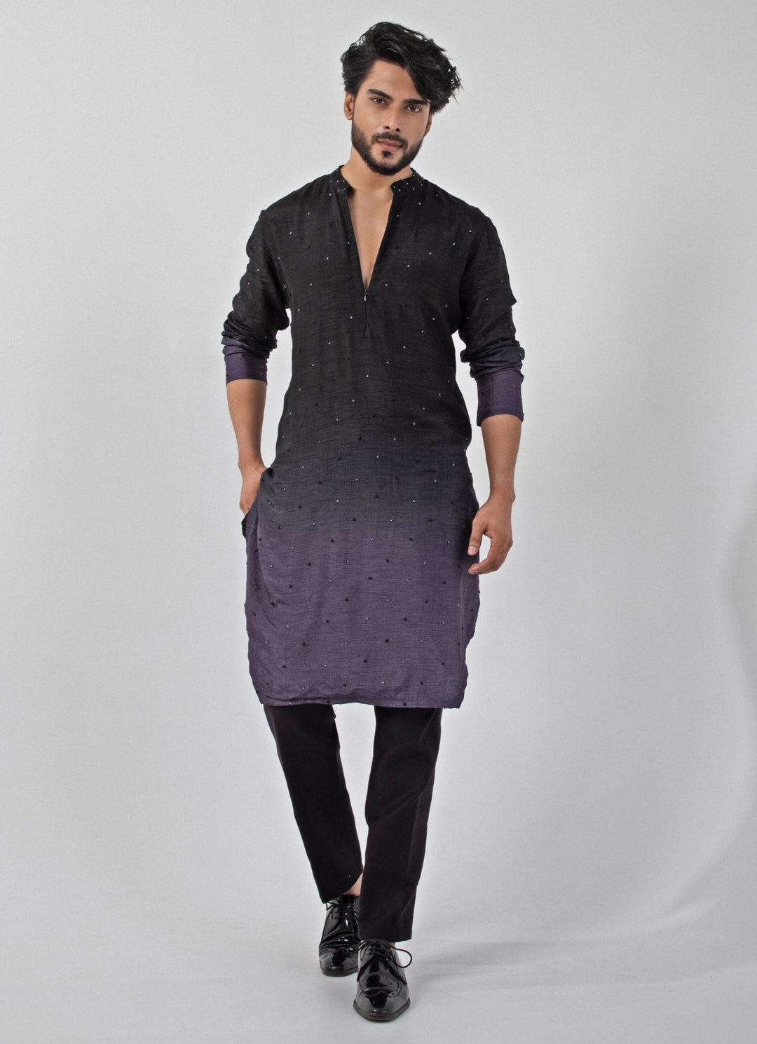 Black And Grey Ombre Embroidered Kurta Pant Set Smriti - Fabilicious Fashion