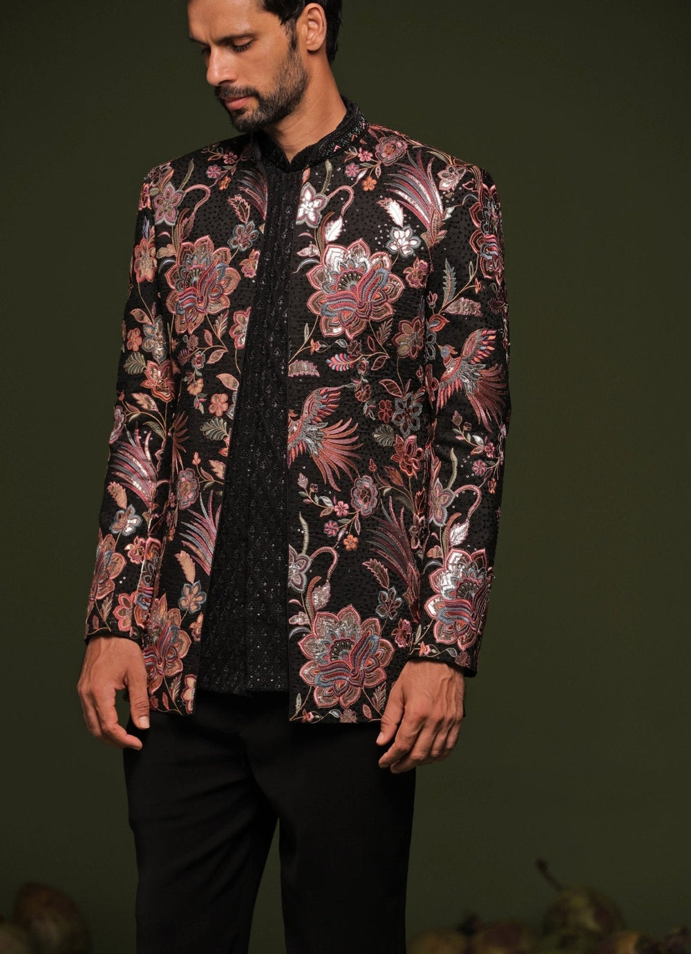 Black And Multi - Color Floral Embroidered Jodhpuri Jacket Set Kalpraag - Fabilicious Fashion