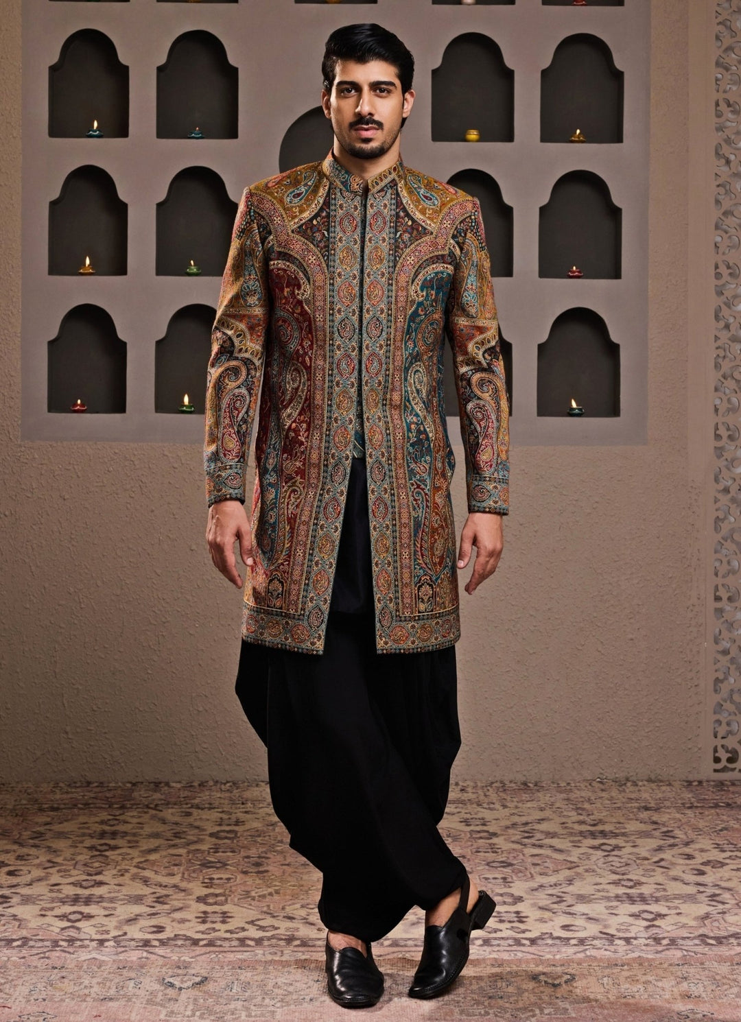 Black and Multicolour Jacquard Achkan Set Nitika Gujral - Men - Fabilicious Fashion