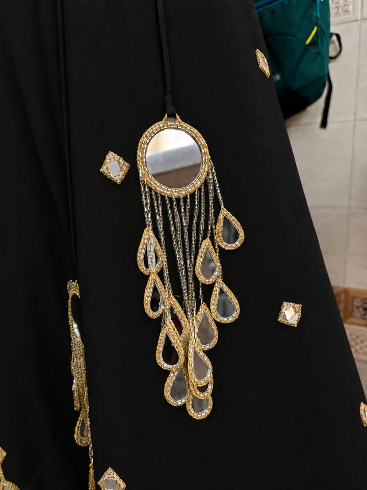Anisha Shetty Black and Muted Gold Organza Lehenga with Mirror BlouseFabilicious Fashion