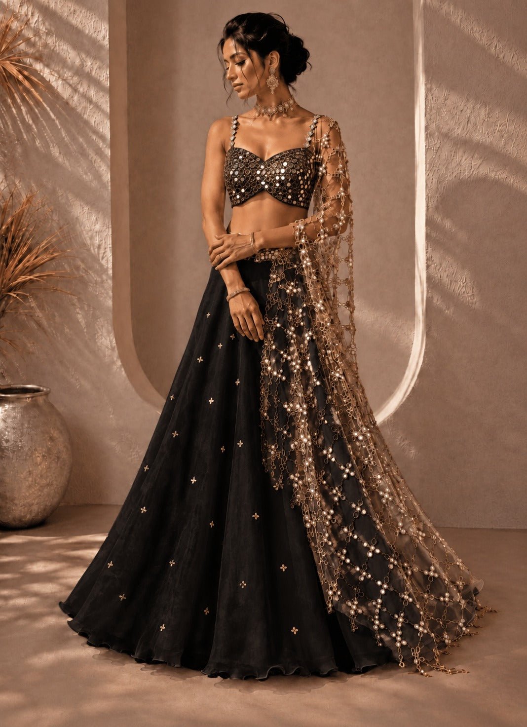 Anisha Shetty Black and Muted Gold Organza Lehenga with Mirror BlouseFabilicious Fashion