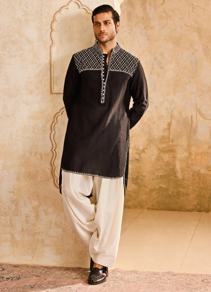 Black and Off White Chanderi High low Kurta Set Nitika Gujral - Men - Fabilicious Fashion