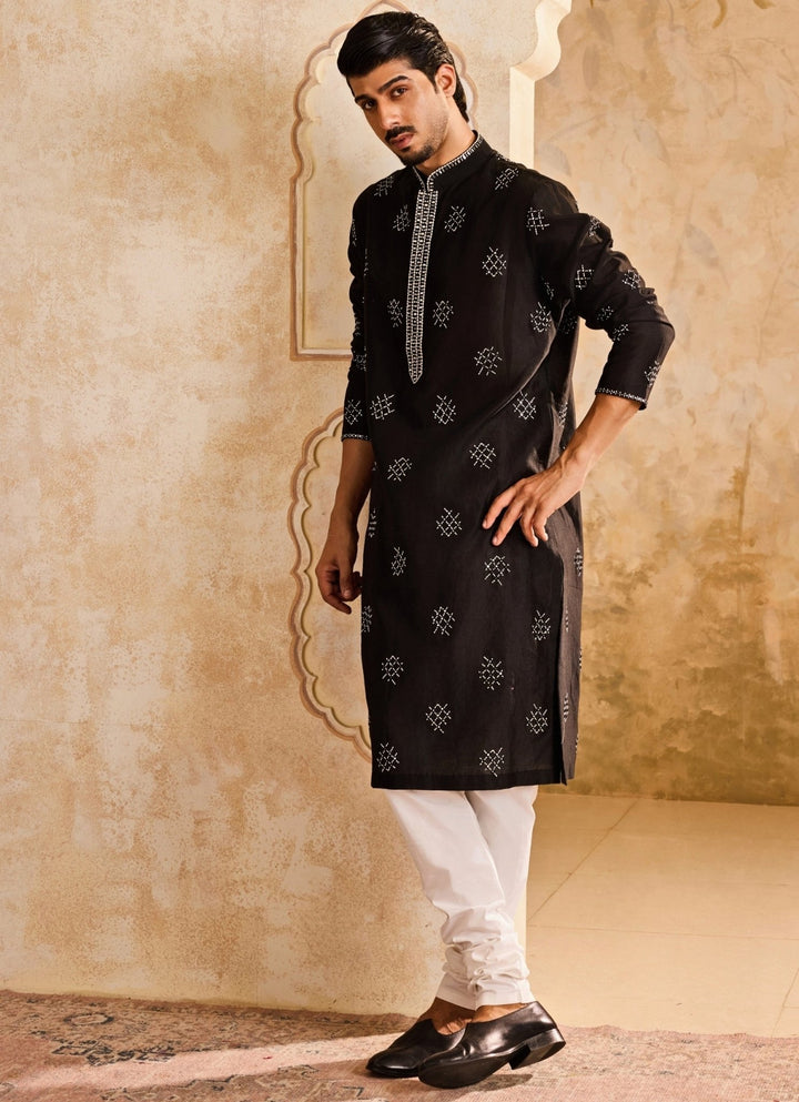 Black and Off White Chanderi Kurta Set Nitika Gujral - Men - Fabilicious Fashion