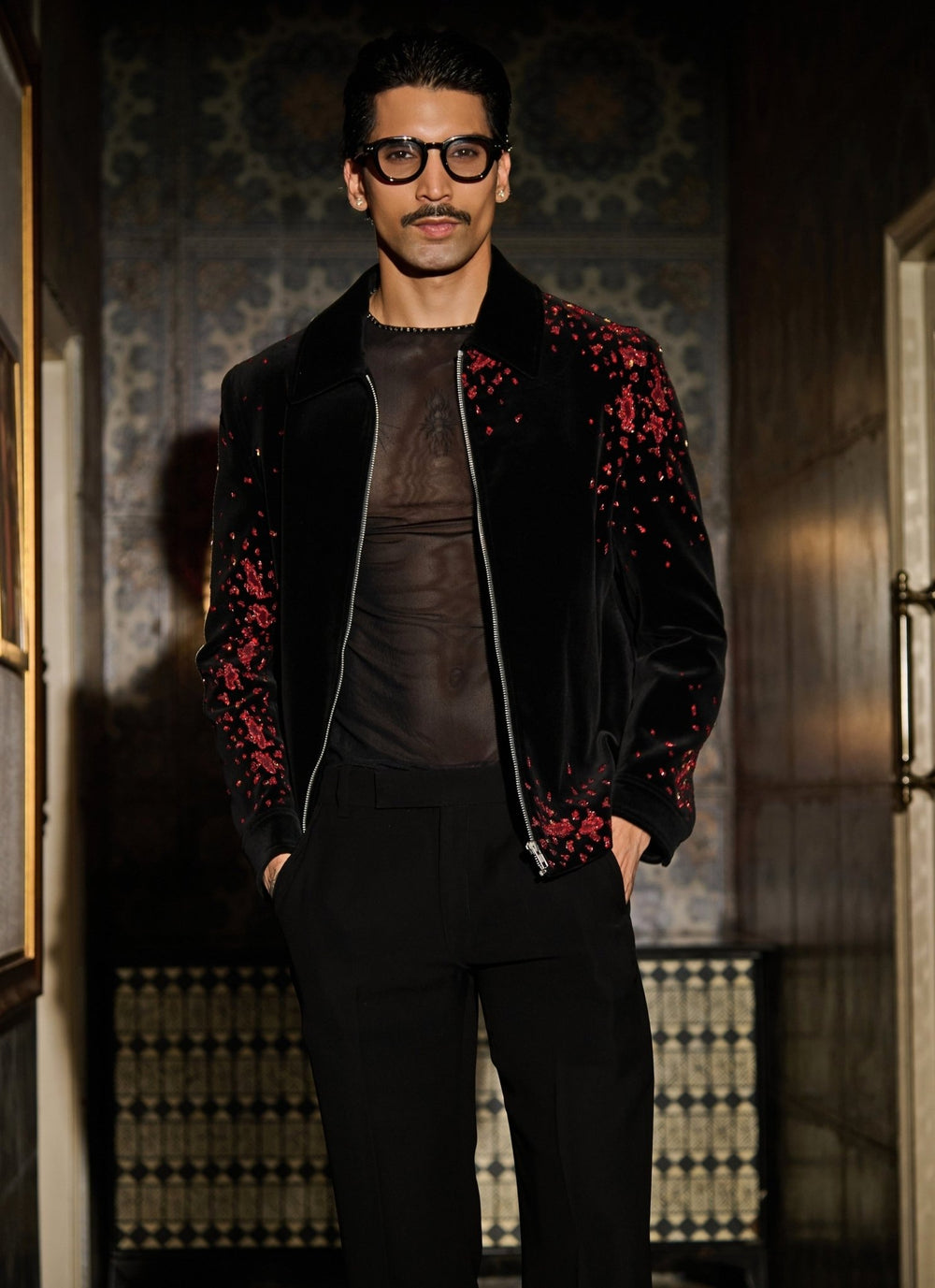 Contrast by Parth Black and Red Velvet Bomber Jacket SetFabilicious Fashion
