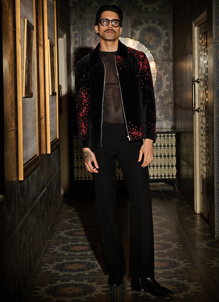 Contrast by Parth Black and Red Velvet Bomber Jacket SetFabilicious Fashion
