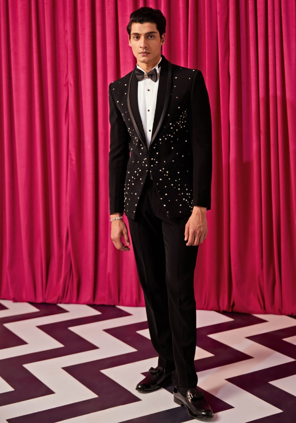 Black And Silver Embellished Tuxedo Set Contrast by Parth - Fabilicious Fashion