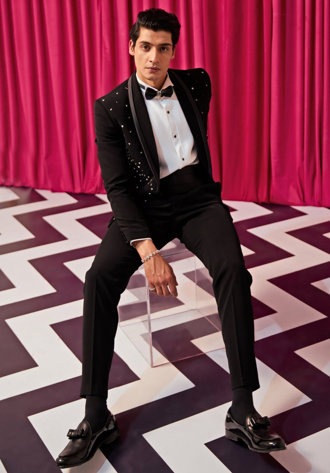 Black And Silver Embellished Tuxedo Set Contrast by Parth - Fabilicious Fashion