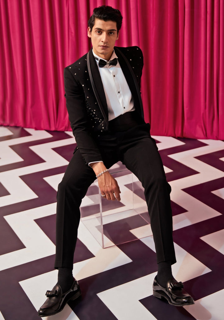 Black And Silver Embellished Tuxedo Set Contrast by Parth - Fabilicious Fashion