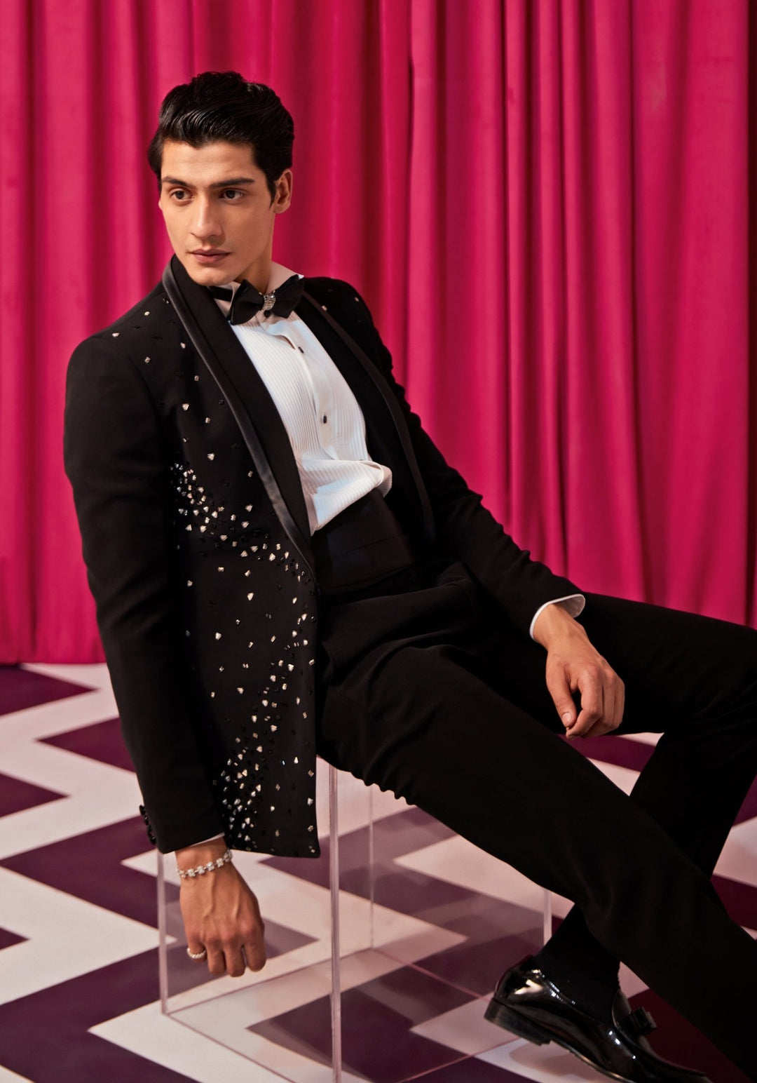 Black And Silver Embellished Tuxedo Set Contrast by Parth - Fabilicious Fashion