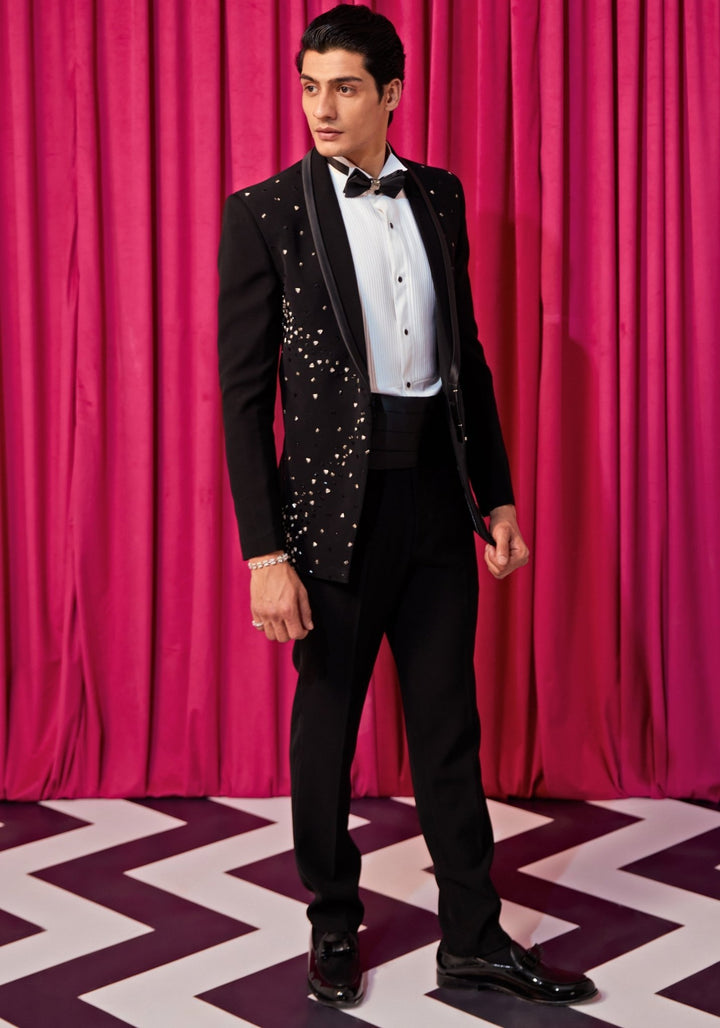 Black And Silver Embellished Tuxedo Set Contrast by Parth - Fabilicious Fashion