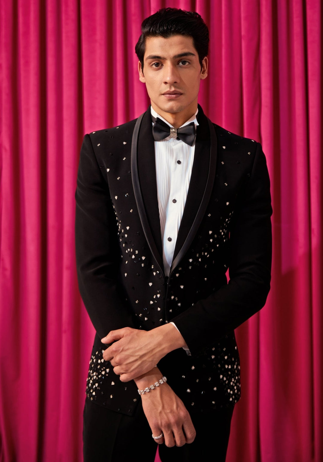 Black And Silver Embellished Tuxedo Set Contrast by Parth - Fabilicious Fashion