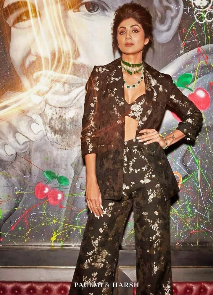 Black And Silver Jacquard Pants Set With Blazer Paulmi and Harsh - Fabilicious Fashion