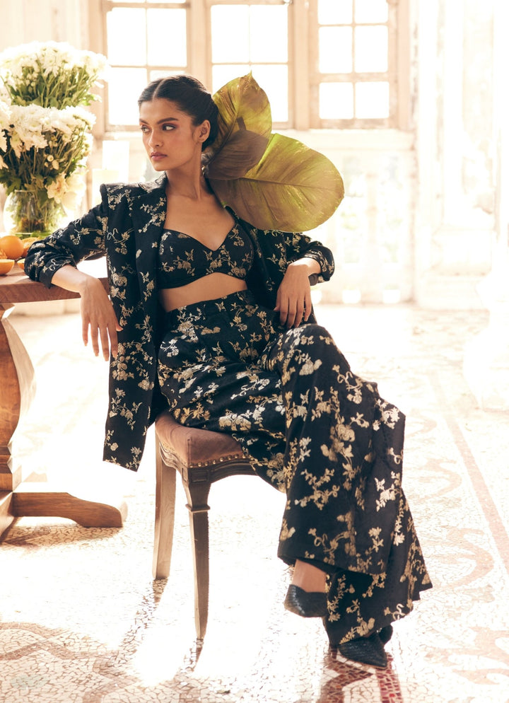 Black And Silver Jacquard Pants Set With Blazer Paulmi and Harsh - Fabilicious Fashion