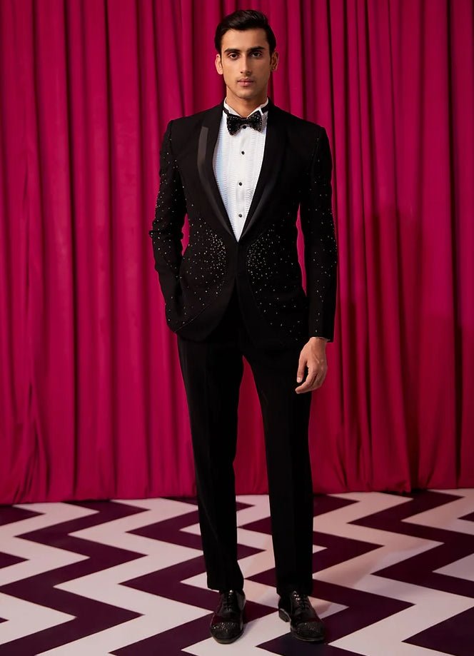 Black And White Crystal Embellished Tuxedo Contrast by Parth - Fabilicious Fashion