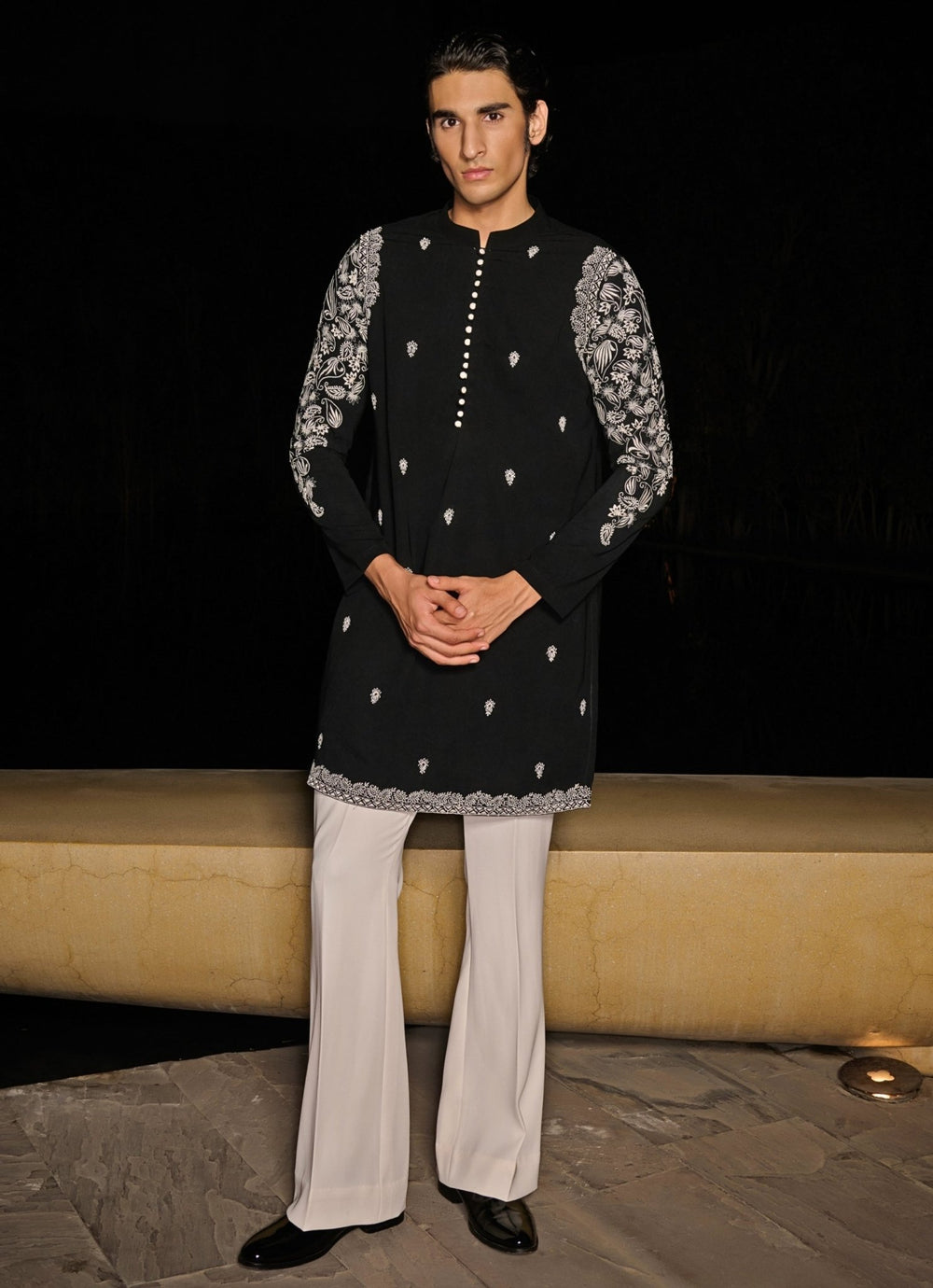 Black and White Embroidered Mens Kurta Set Contrast By Parth - Fabilicious Fashion