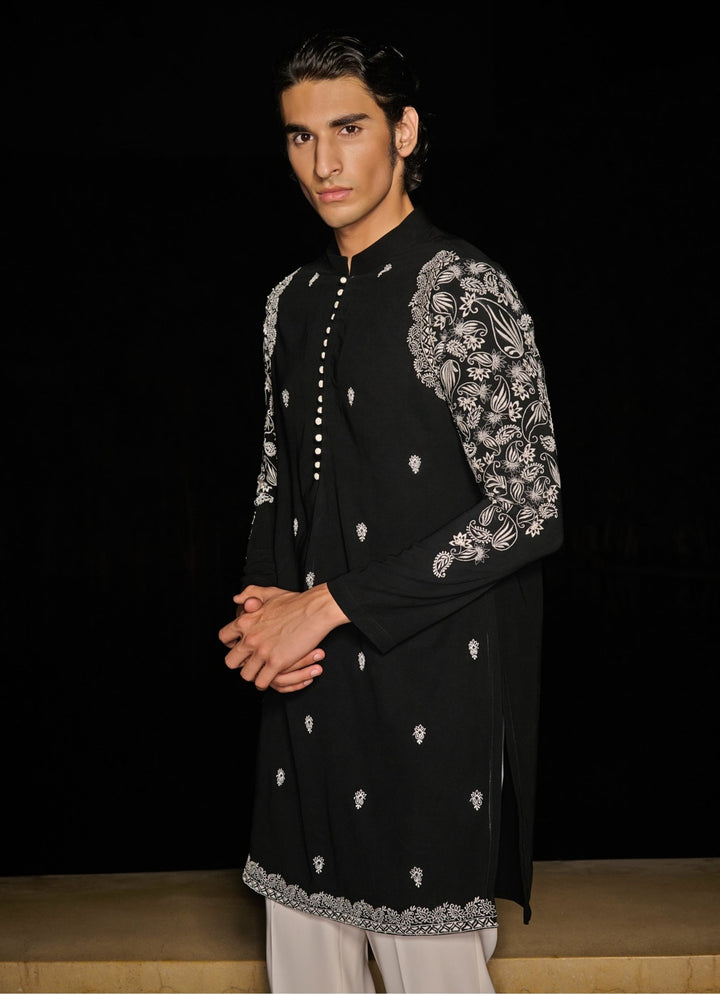 Black and White Embroidered Mens Kurta Set Contrast By Parth - Fabilicious Fashion