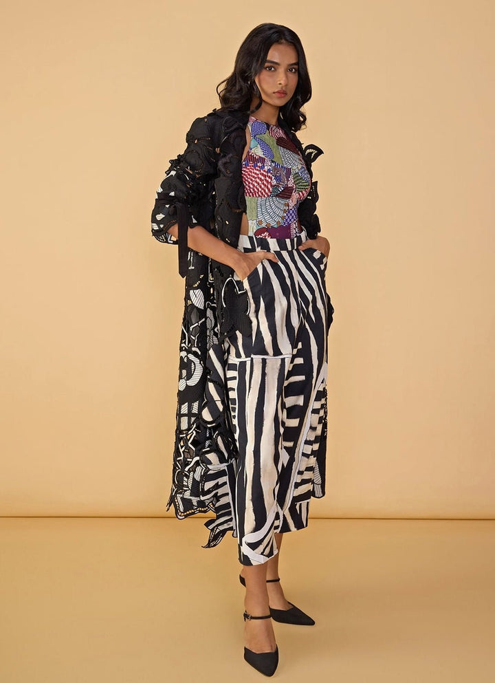 Black And White Printed Bodysuit With Trench Coat Set Saaksha & Kinni - Fabilicious Fashion