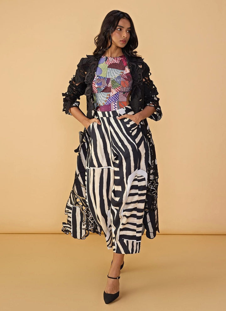 Black And White Printed Bodysuit With Trench Coat Set Saaksha & Kinni - Fabilicious Fashion