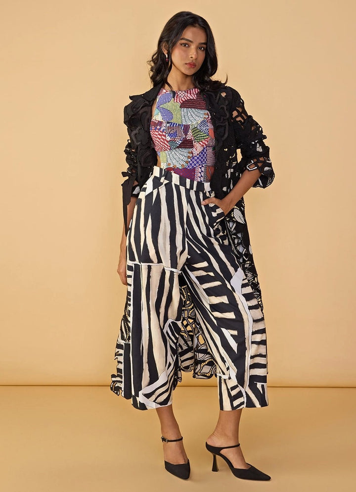 Black And White Printed Bodysuit With Trench Coat Set Saaksha & Kinni - Fabilicious Fashion