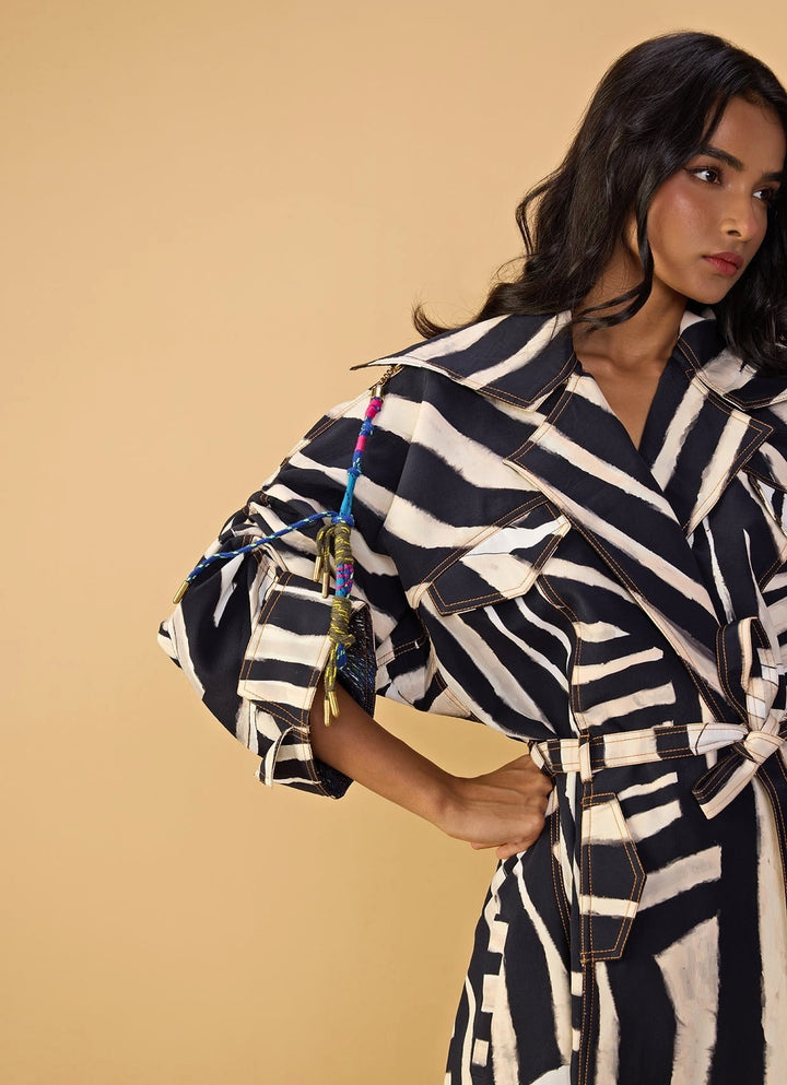 Black And White Printed Trench Coat Set Saaksha & Kinni - Fabilicious Fashion