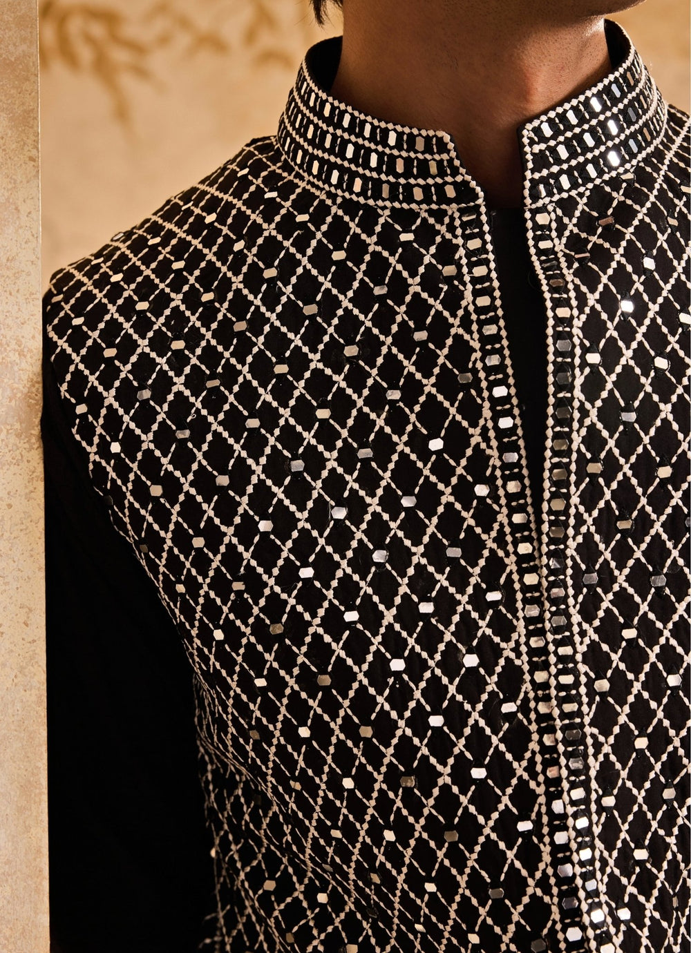 Black and White Raw Silk Nehru Jacket Set Nitika Gujral - Men - Fabilicious Fashion