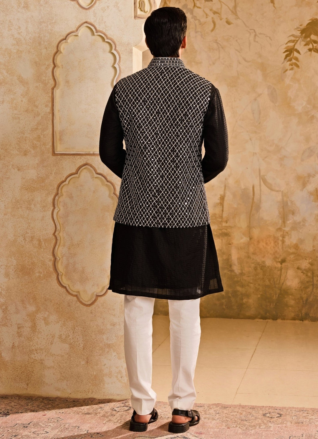 Black and White Raw Silk Nehru Jacket Set Nitika Gujral - Men - Fabilicious Fashion