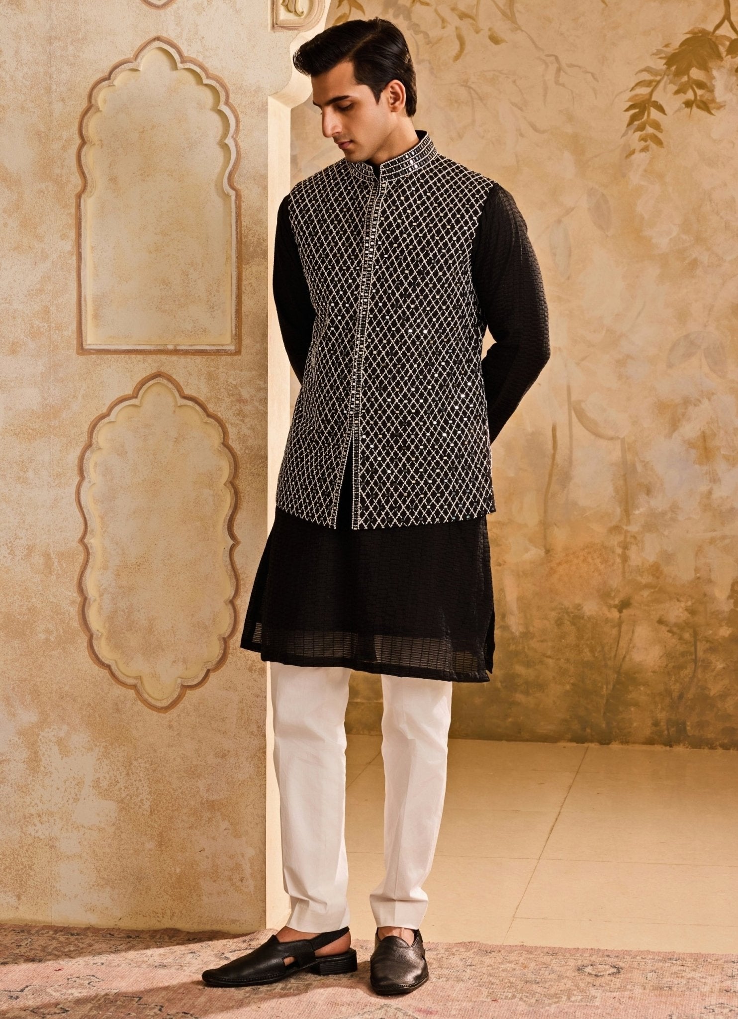 Black and white raw silk nehru jacket set for cocktail or reception menswear