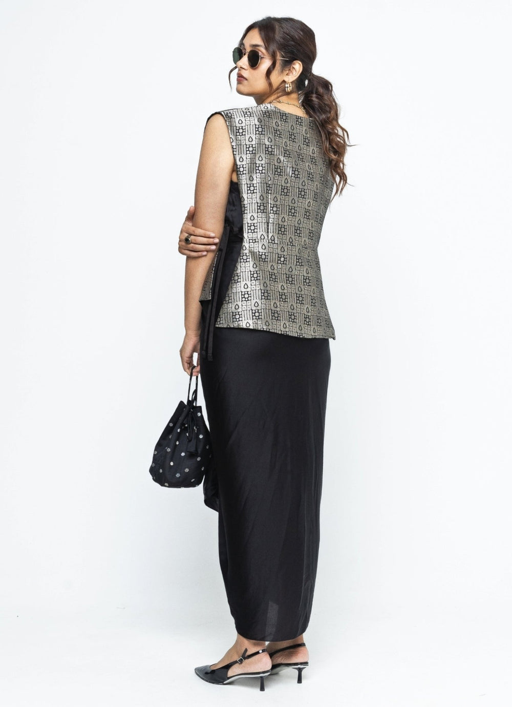 Black Asymmetric Dress With Brocade Silk Gilet Sobariko - Fabilicious Fashion