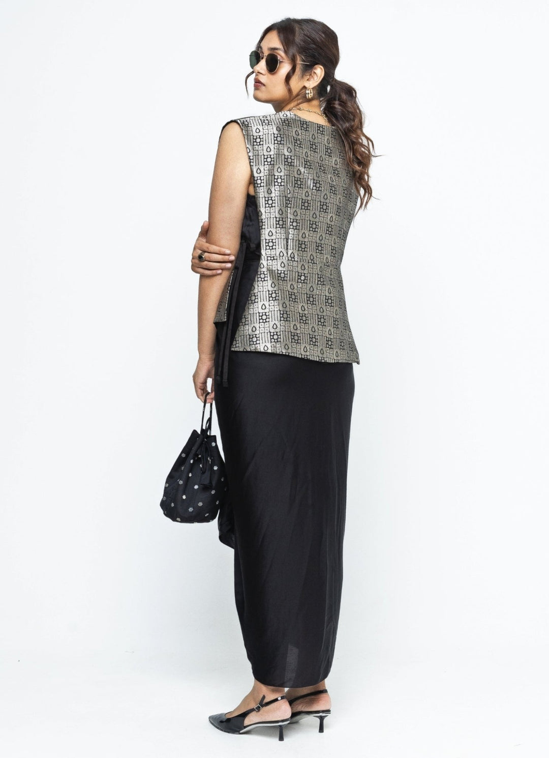Black Asymmetric Dress With Brocade Silk Gilet Sobariko - Fabilicious Fashion