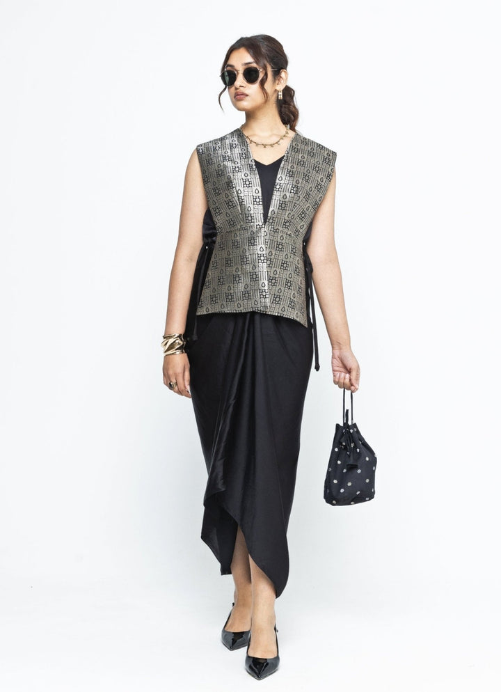 Black Asymmetric Dress With Brocade Silk Gilet Sobariko - Fabilicious Fashion