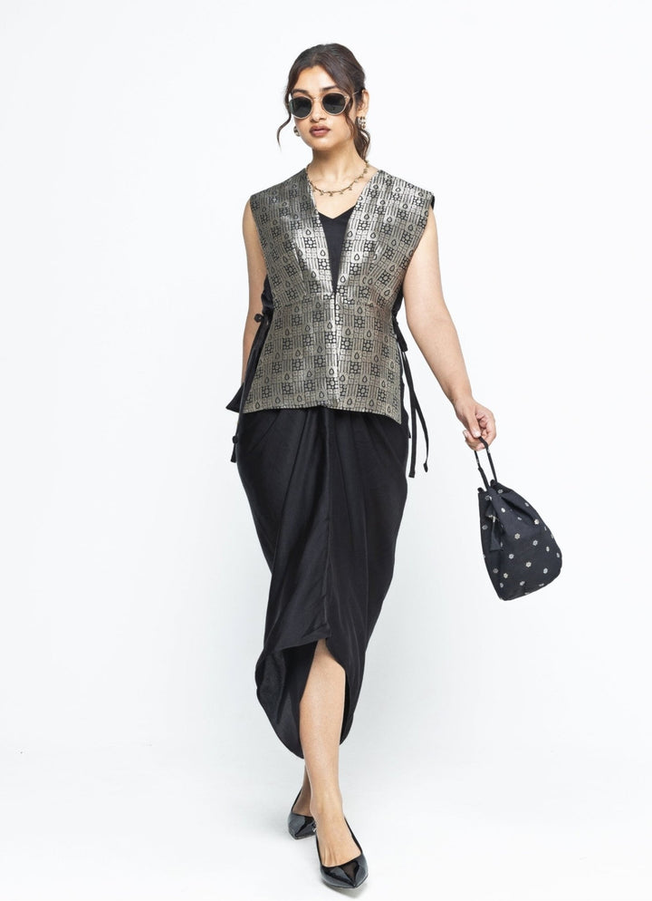 Black Asymmetric Dress With Brocade Silk Gilet Sobariko - Fabilicious Fashion