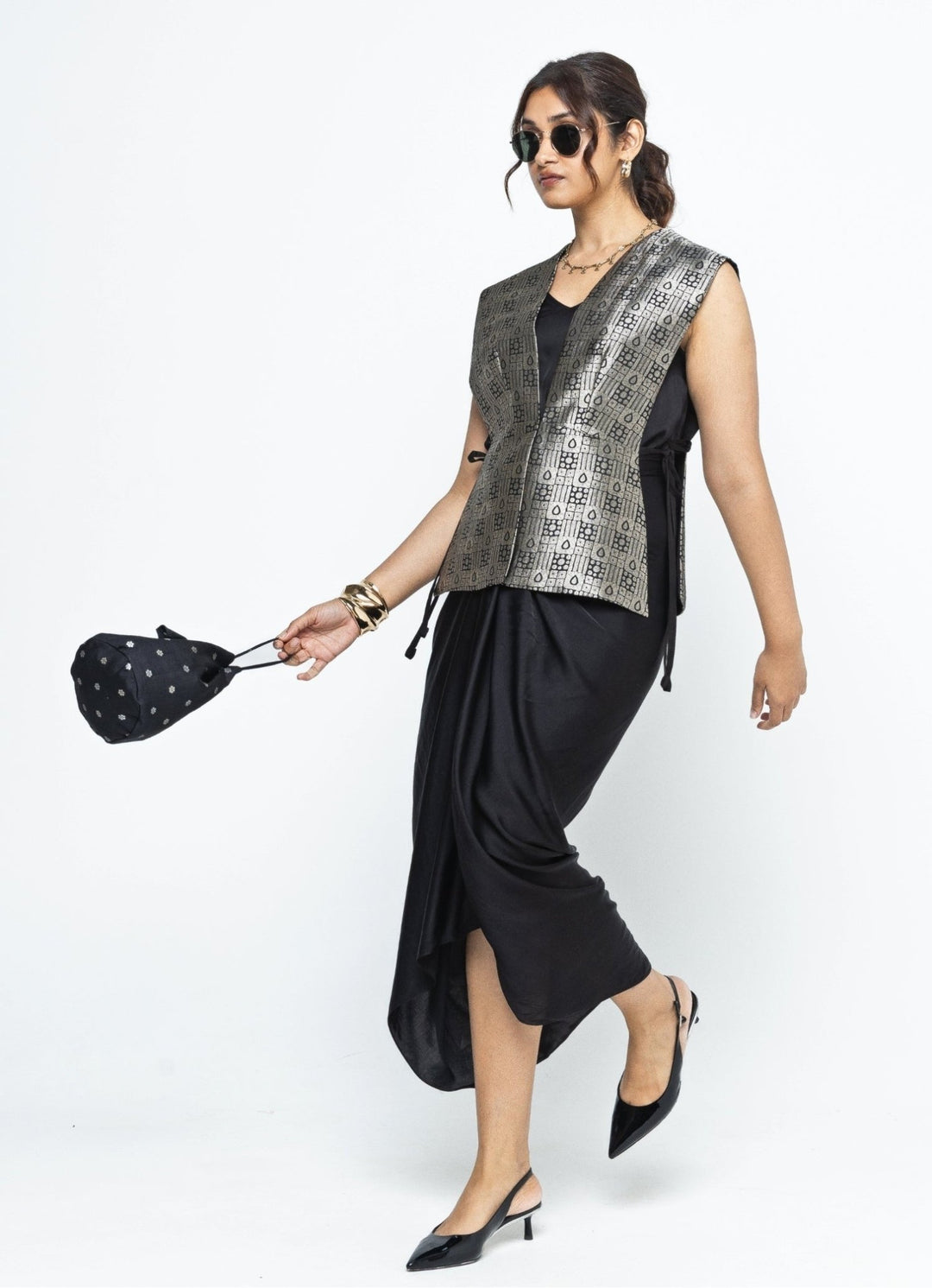Black Asymmetric Dress With Brocade Silk Gilet Sobariko - Fabilicious Fashion